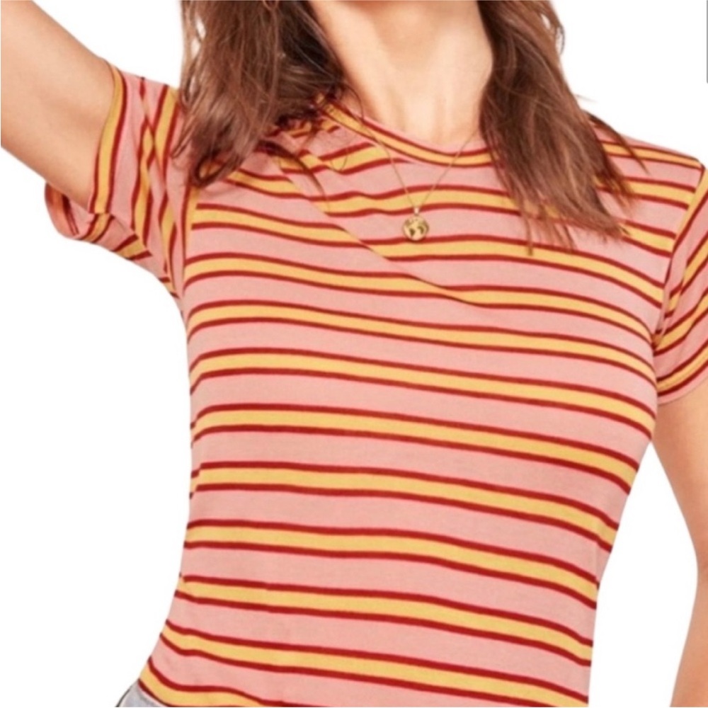 Reformation Women’s pink red yellow striped short sleeve tee, Size L (fitted)